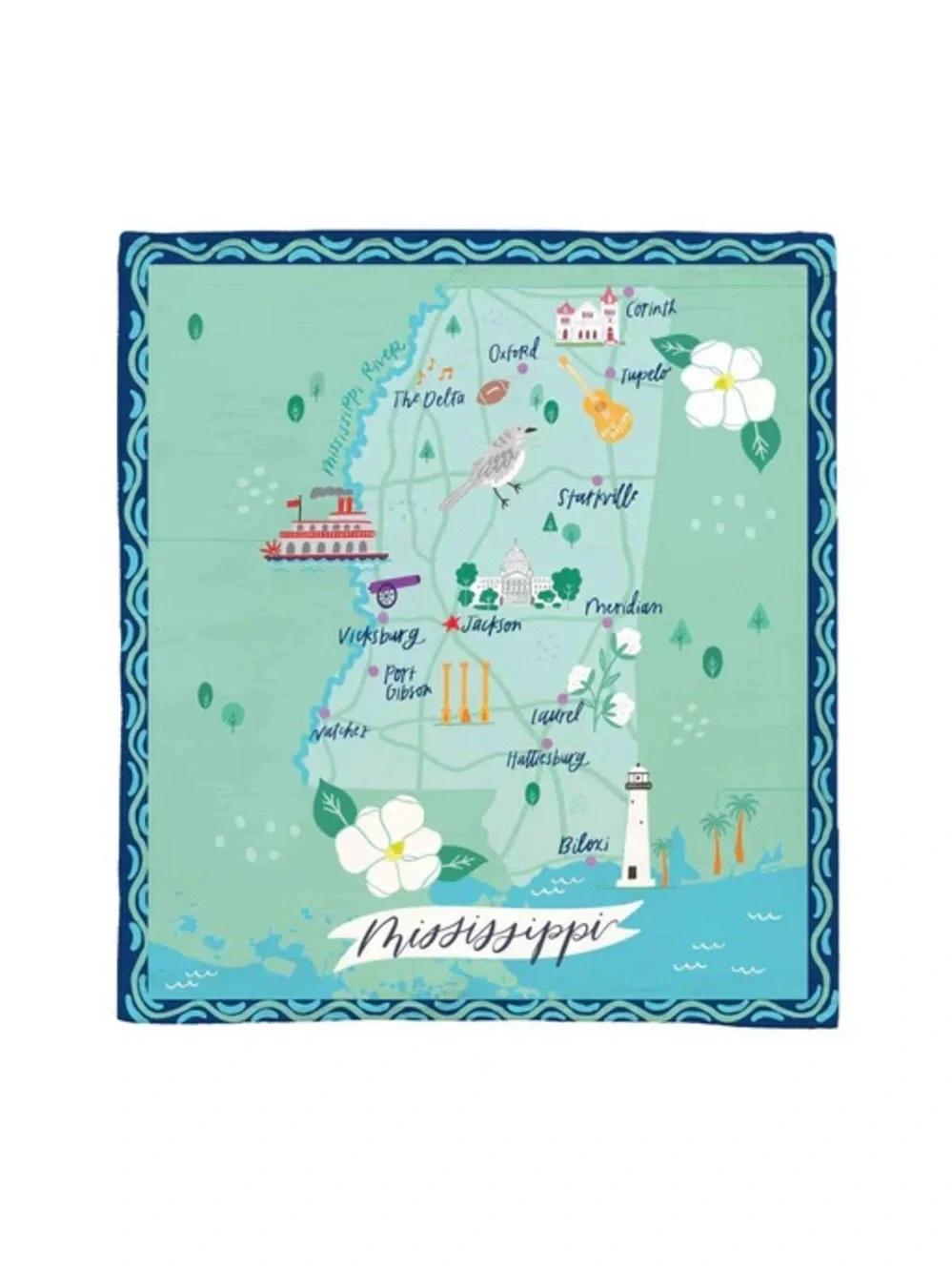 Mary Square Mississippi Map Cotton Tea Towel - Aqua and Navy
